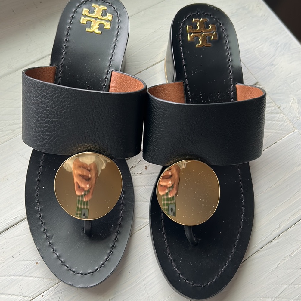 Tory Burch black and gold detail sandal with block heel